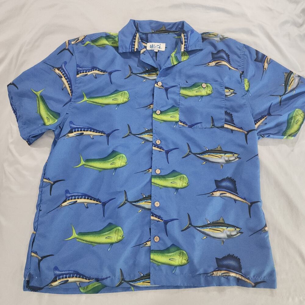 Uzzi Amphibious Gear Mens‎ Hawaiian Shirt Fish Print LARGE